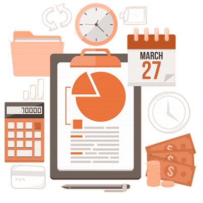 feature1-free-img An illustration of a clipboard with a pie chart surrounded by icons for a calendar, calculator, clocks, and money.