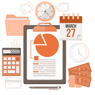 An illustration of a clipboard with a pie chart surrounded by icons for a calendar, calculator, clocks, and money.