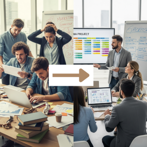 A split-panel image showing the benefits of project management in a marketing team. The left side shows a chaotic and stressed team of four in a messy office, representing poor project management. The right side shows a calm and focused team of four in a tidy and organized office, representing successful project management. An arrow in the middle points from the chaotic side to the organized side, symbolizing the positive transformation.