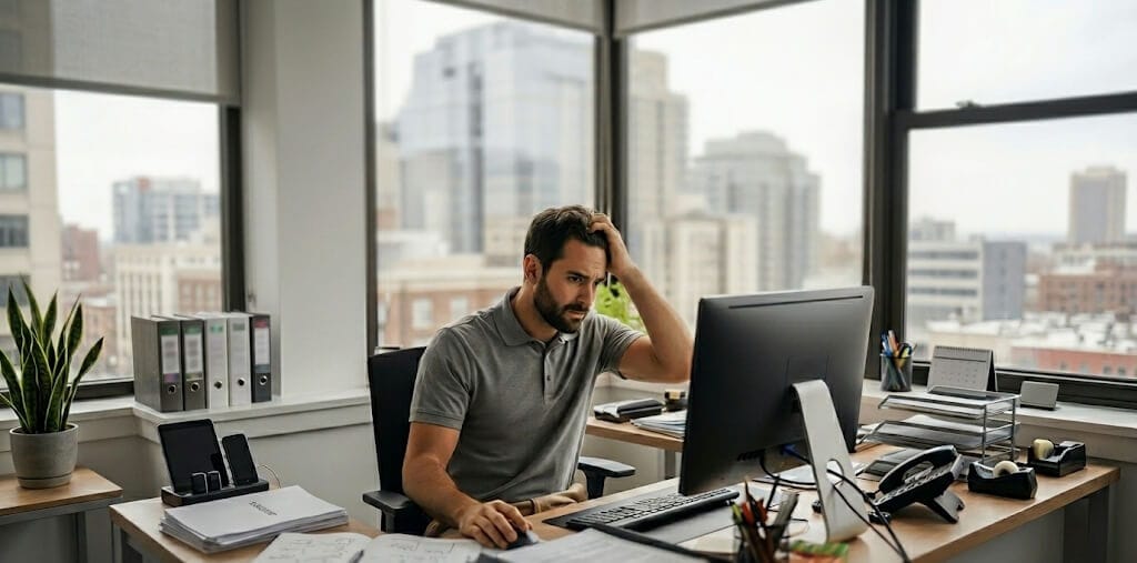 Image of a man staring at a computer, looking confused.