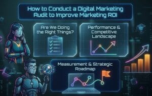 Infographic illustrating a digital marketing audit framework with three sections: defining business objectives, analyzing performance and competitors, and creating a strategic roadmap to improve marketing ROI.