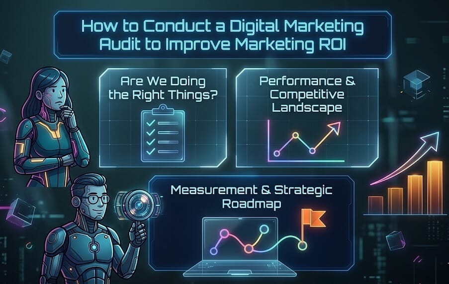 Infographic illustrating a digital marketing audit framework with three sections: defining business objectives, analyzing performance and competitors, and creating a strategic roadmap to improve marketing ROI.