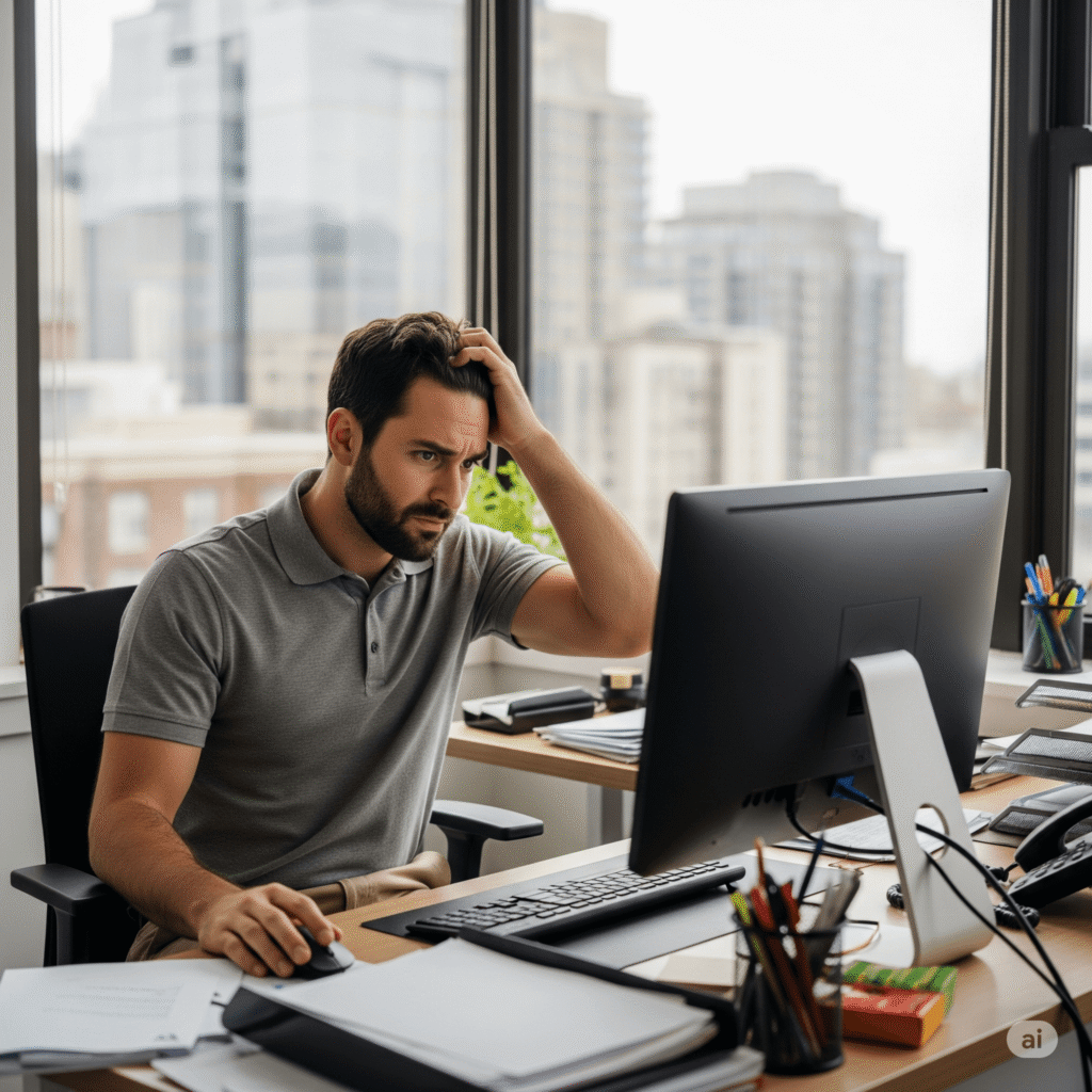 Image of man staring at PC Image of man staring at PC, looking confused