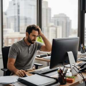 Image of a man staring at a computer, looking confused.