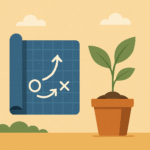 An illustration of a strategic blueprint with a game plan next to a small, healthy plant growing in a pot.