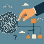 Illustration of a hand bringing order to chaos by turning a tangled scribble into a clear flowchart.