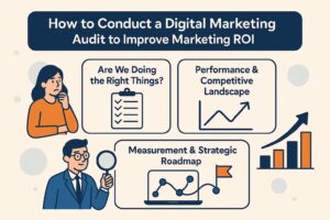 Infographic illustrating a digital marketing audit framework with three sections: defining business objectives, analyzing performance and competitors, and creating a strategic roadmap to improve marketing ROI.
