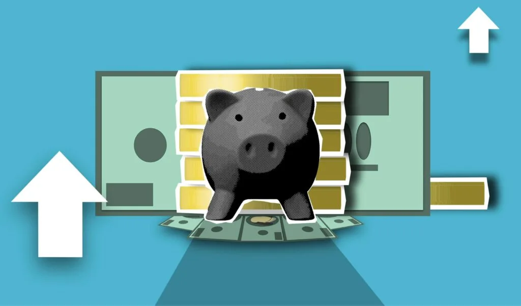 Illustration of a piggy bank with cash and rising arrows symbolizing financial growth.