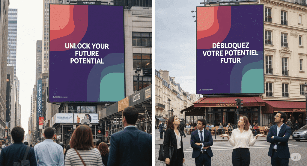 Cross-cultural post - V2 (Comp) Split-panel image comparing effective marketing localization to a poor translation. On the left, a clear English ad on a New York billboard. On the right, the same ad with a confusing French translation in Paris, with bewildered onlookers.