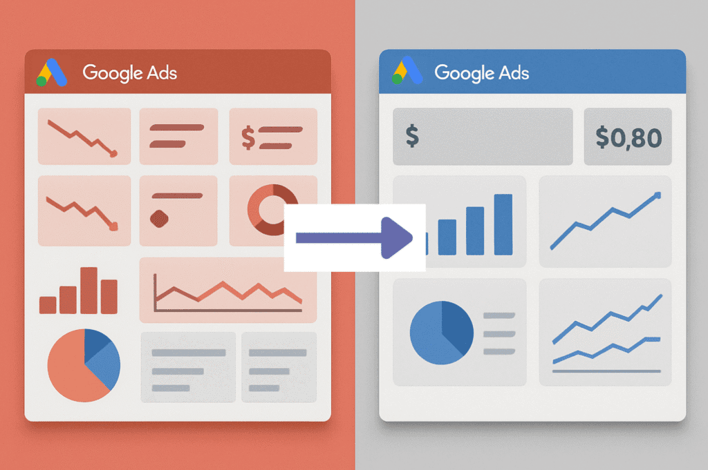 Google Ads dashboard improvements - edited Side-by-side comparison of two Google Ads dashboards: left dashboard with red background and downward-trending charts indicating poor performance; right dashboard with clean gray background and upward-trending charts showing successful campaign performance.