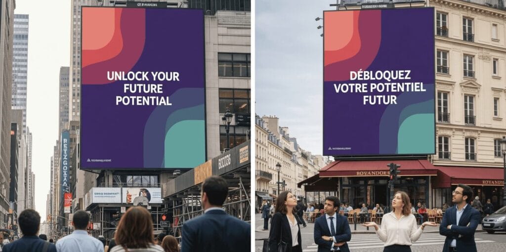 Split-panel image comparing effective marketing localization to a poor translation. On the left, a clear English ad on a New York billboard. On the right, the same ad with a confusing French translation in Paris, with bewildered onlookers.