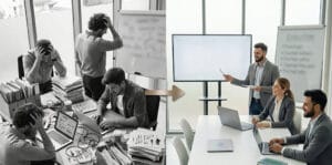 Workplace transition from monochrome chaos to colorful organized office efficiency