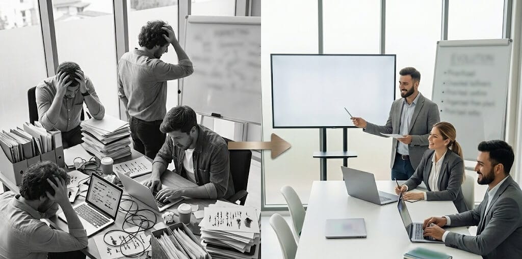 Workplace transition from monochrome chaos to colorful organized office efficiency