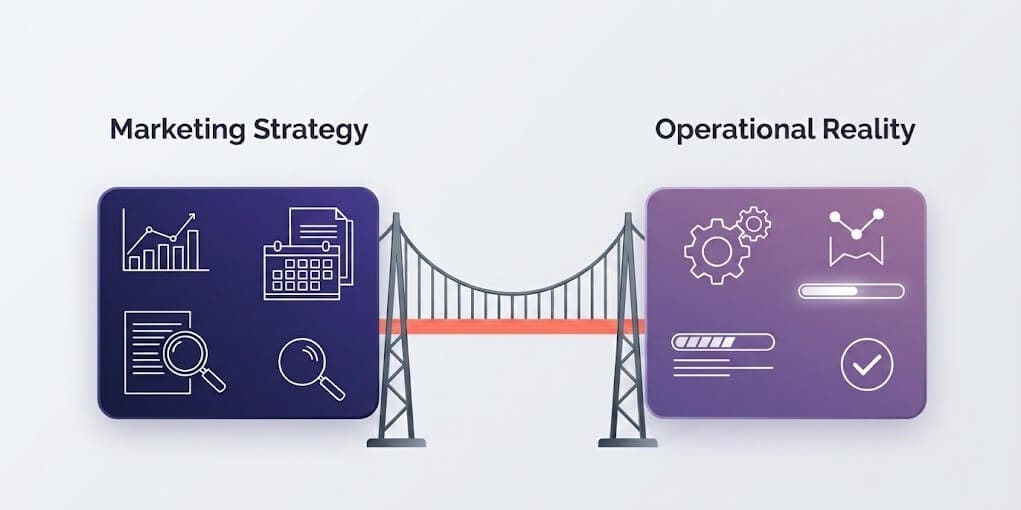 Minimalist illustration of a bridge connecting 'Marketing Strategy' (charts, plans) to 'Operational Reality' (gears, team icons) to show the connection between planning and execution.