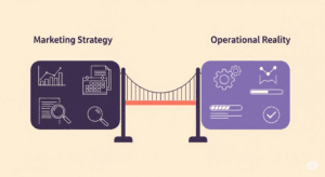 Minimalist illustration of a bridge connecting 'Marketing Strategy' (charts, plans) to 'Operational Reality' (gears, team icons) to show the connection between planning and execution.