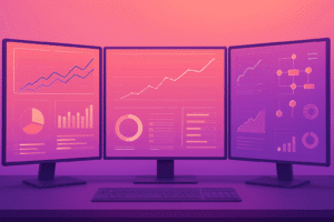 A professional digital marketing analytics dashboard displayed across three computer monitors. The screens show various data visualizations, including line graphs, bar charts, pie charts, and a flowchart, all rendered in a modern, purple and pink neon color scheme.