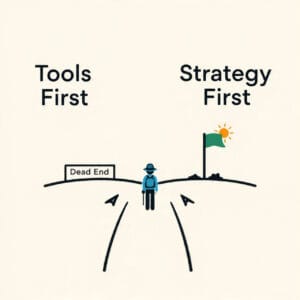 Black and white illustration of a person standing at a fork in the road. The left path, labeled "Tools First," leads to a dead end sign. The right path, labeled "Strategy First," leads to a hill with a green flag and a sun.