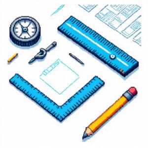 Isometric pixel art illustration of drafting tools including a blue ruler, a compass, a protractor, a pencil, and a circular gauge on a white background.