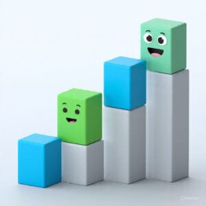 3D illustration of a bar chart with two green smiling building blocks on top of two columns, and two blue blocks on top of the two shorter columns. This symbolizes progress and successful steps.