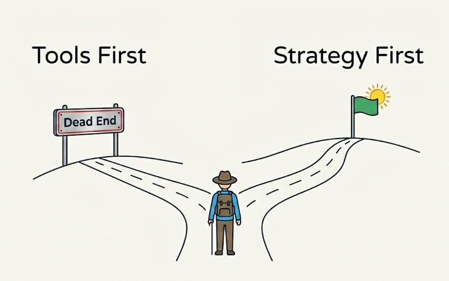 A hiker at a fork in the road: "Tools First" leads to a dead end, while "Strategy First" leads toward success and a green flag.