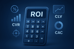 A digital calculator with "ROI" displayed on its screen, surrounded by floating icons and text representing key marketing metrics like Conversion Rate (CVR), Customer Lifetime Value (CLV), and Customer Acquisition Cost (CAC) against a dark blue background.