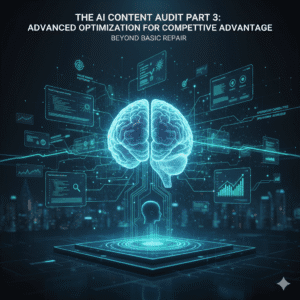 AI brain with interconnected data points and graphs, representing advanced optimization strategies for competitive advantage in content.