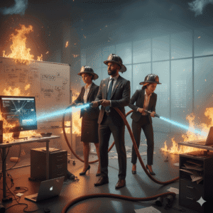 Three business professionals wearing firefighter helmets and holding hoses, putting out fires in a chaotic office setting.