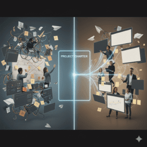 A split image illustrating the contrast between chaotic, unorganized marketing on the left and clear, structured marketing on the right. The left side shows a team in disarray amidst tangled wires, scattered sticky notes, and confused expressions, with data flowing haphazardly. The right side features a diverse, focused team confidently presenting clean data visualizations and streamlined processes. In the center, a glowing "PROJECT CHARTER" document acts as a bridge, bringing order and direction to the right side while highlighting the lack of it on the left.