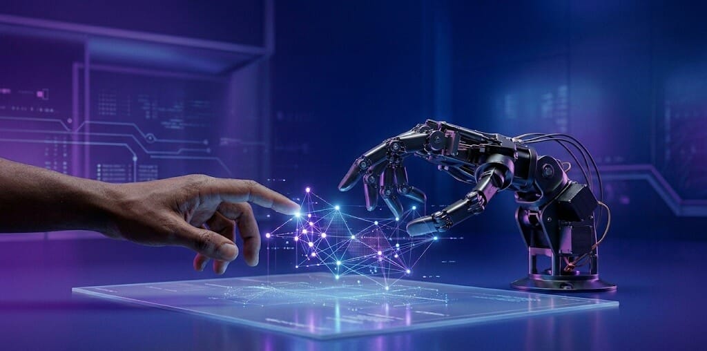 Human hand and robot arm connect over glowing data network