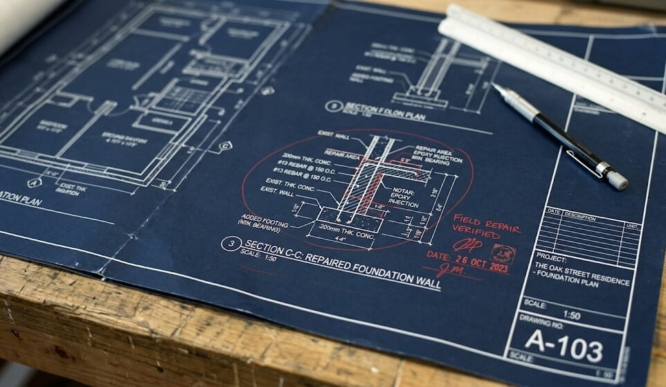 A close-up, top-down shot of a crisp architectural blueprint or a technical schematic.