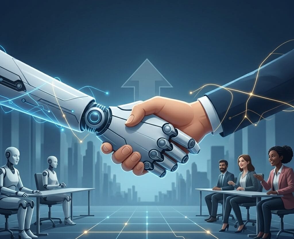 A handshake between a humanoid robotic arm and a human hand in a business setting, symbolizing human-AI collaboration for growth.
