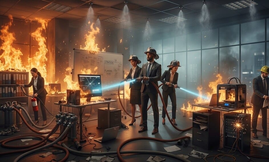 Business professionals wearing firefighter helmets and holding hoses, putting out fires in a chaotic office setting.