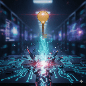 Glowing wires and digital components, suggesting a robust and complex technical system in motion