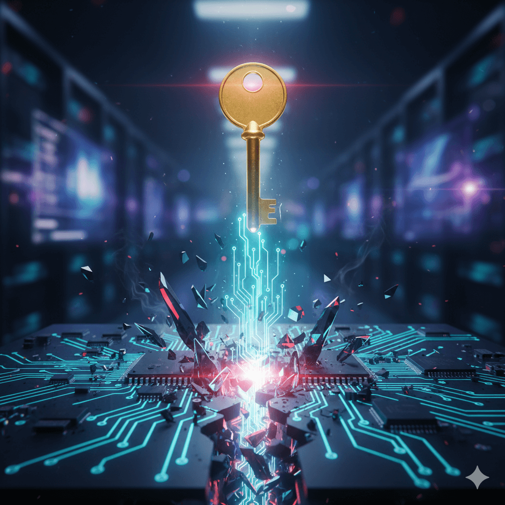 Glowing wires and digital components, suggesting a robust and complex technical system in motion