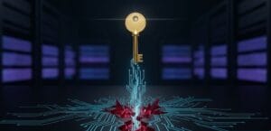 A golden digital key floating above a glowing cyber security circuit.