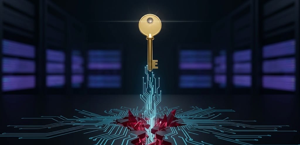 A golden digital key floating above a glowing cyber security circuit.