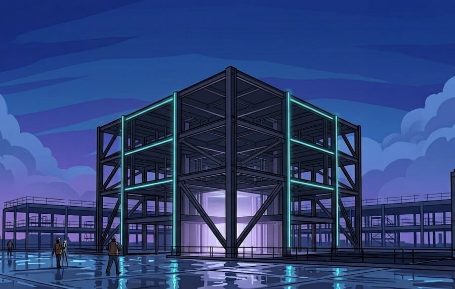 Cartoon-style minimalist cyberpunk 3-story steel building frame against a twilight sky.