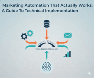A diagram illustrating the "Implementation Gap" in marketing automation, showing how "Systems Thinking" bridges the gap between mechanical elements (gears, brain, data server) and outcomes (email, analytics)