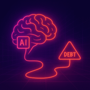 Glowing AI brain connected to a warning sign, representing decision debt caused by rapid AI workflows. Cyberpunk illustration in purple and coral showing speed outpacing strategic thinking.