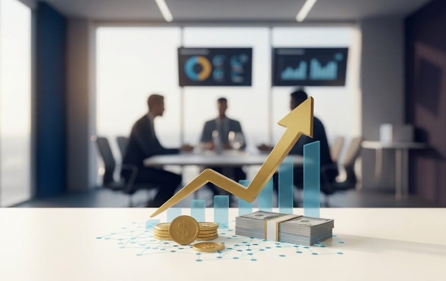 Minimalist 3D illustration representing return on investment in professional consulting, featuring a rising gold arrow over stacks of coins and a blurred modern office background with professional silhouettes.
