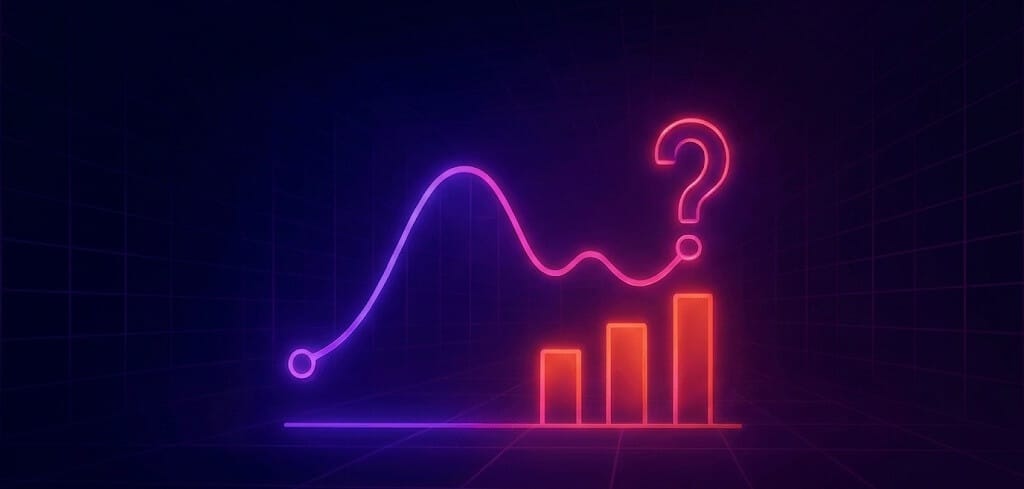 A neon-style line graph and bar chart with a question mark in a dark, grid-patterned virtual space.