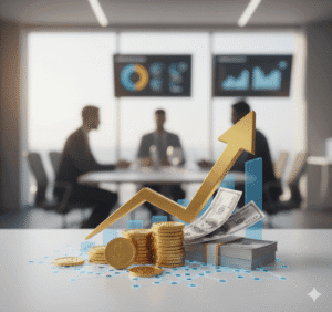 A golden upward-trending arrow and stacks of gold coins and US dollar bills are prominently displayed on a table with a blurred background of a business meeting in an office setting, visually representing Return on Investment (ROI) and financial growth.