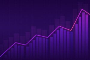 Abstract performance chart with vertical bars and an upward line, rendered in purple, blue, and coral tones on a dark grid background.