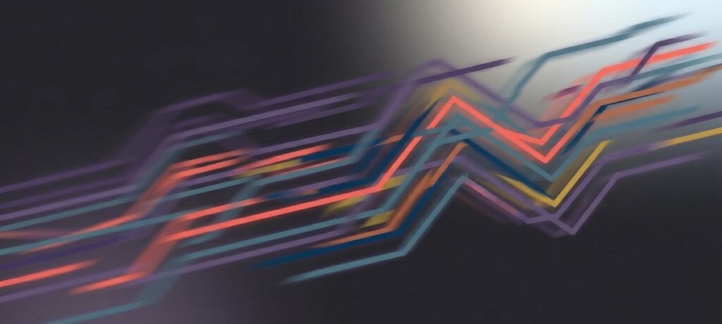 Abstract motion blur of purple, coral, and teal lines on a dark background representing inefficient work styles.