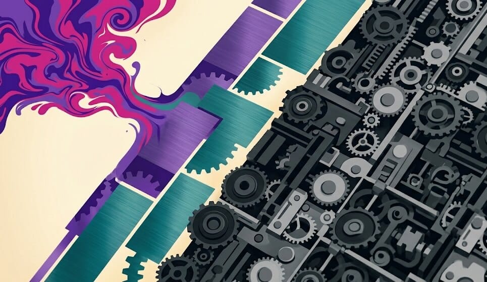 An abstract digital illustration showing a diagonal transition from vibrant, fluid swirls of royal purple and coral on the left to a rigid, grayscale landscape of interlocking mechanical gears and clockwork on the right.