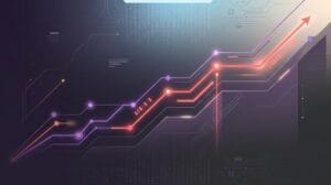 An abstract, minimalist line chart showing upward business growth with a cyberpunk aesthetic. The design features a glowing path in vibrant coral and royal purple against a dark charcoal background. Subtle geometric patterns and sleek light trails represent data trends and progress.