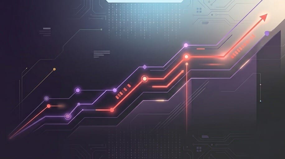 An abstract, minimalist line chart showing upward business growth with a cyberpunk aesthetic. The design features a glowing path in vibrant coral and royal purple against a dark charcoal background. Subtle geometric patterns and sleek light trails represent data trends and progress.