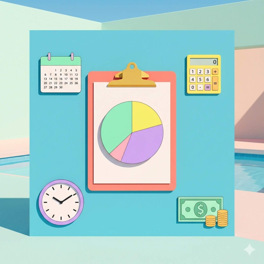 A clipboard with a pie chart on it, surrounded by icons for a calendar, calculator, clocks and money.